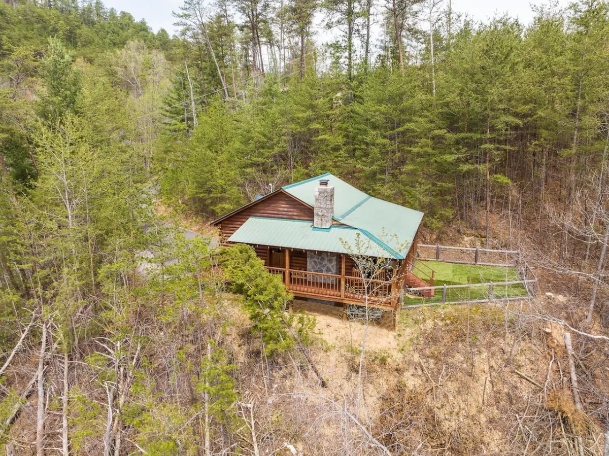 A peaceful exterior shot of a log cabin with a green metal roof, set against a backdrop of thick forest. The fenced yard is visible in the foreground, providing a secure enclosure. The tranquil setting conveys both the privacy of the yard and the connection to nature.