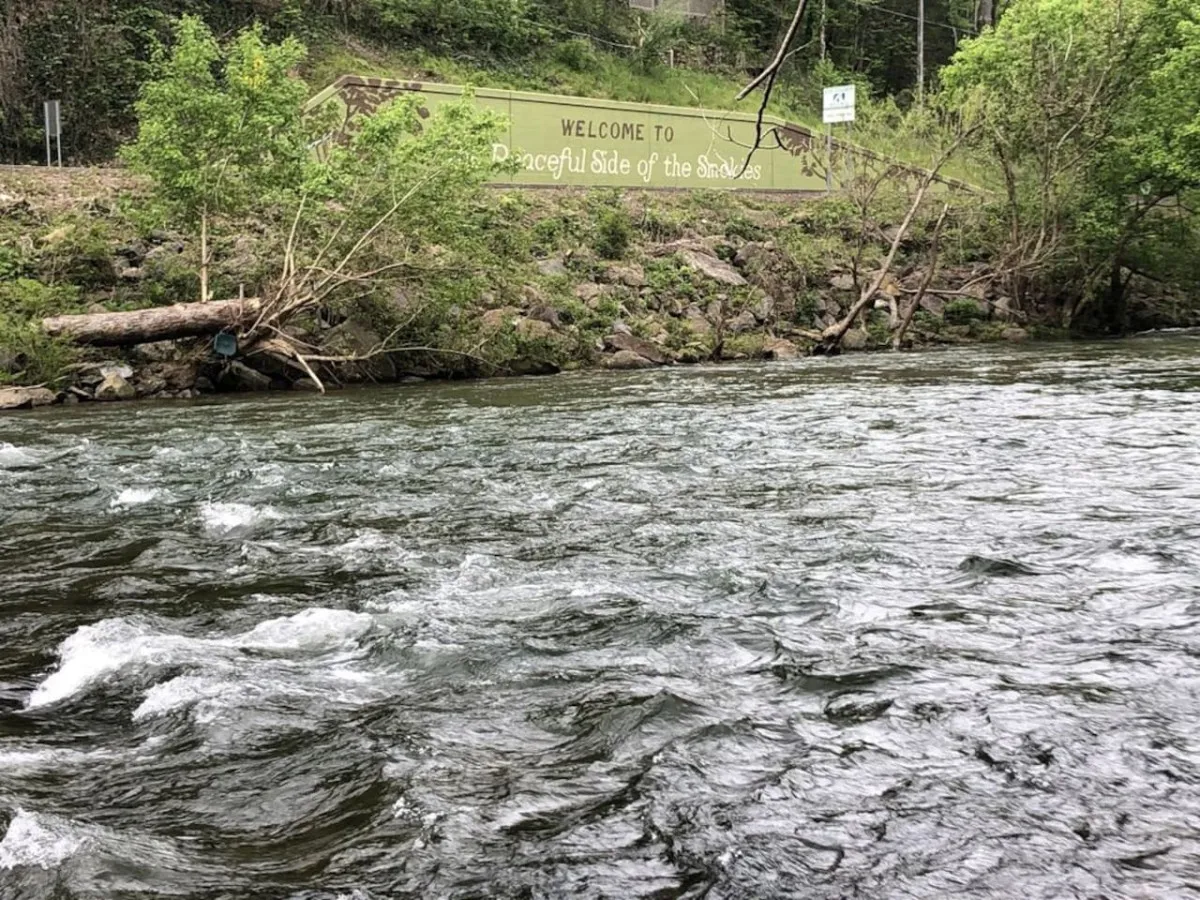 A serene river scene with a welcome sign and lush greenery along the riverbank. The flowing water and inviting environment suggest opportunities for fishing, picnicking, and exploring nature trails, all within a tranquil setting.