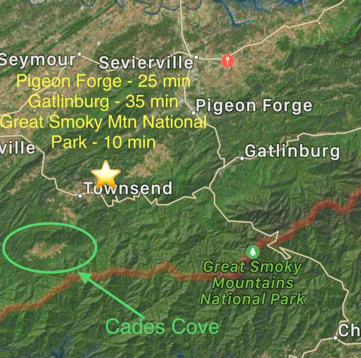A panoramic view of the Great Smoky Mountains National Park, showcasing Cades Cove, Townsend’s location, Pigeon Forge, and Gatlinburg. Lush rolling hills and forests dominate the scene, evoking a sense of adventure and the vastness of the surrounding wilderness.
